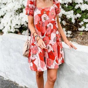 LOFT Poppy Square Neck Puff Sleeve Dress